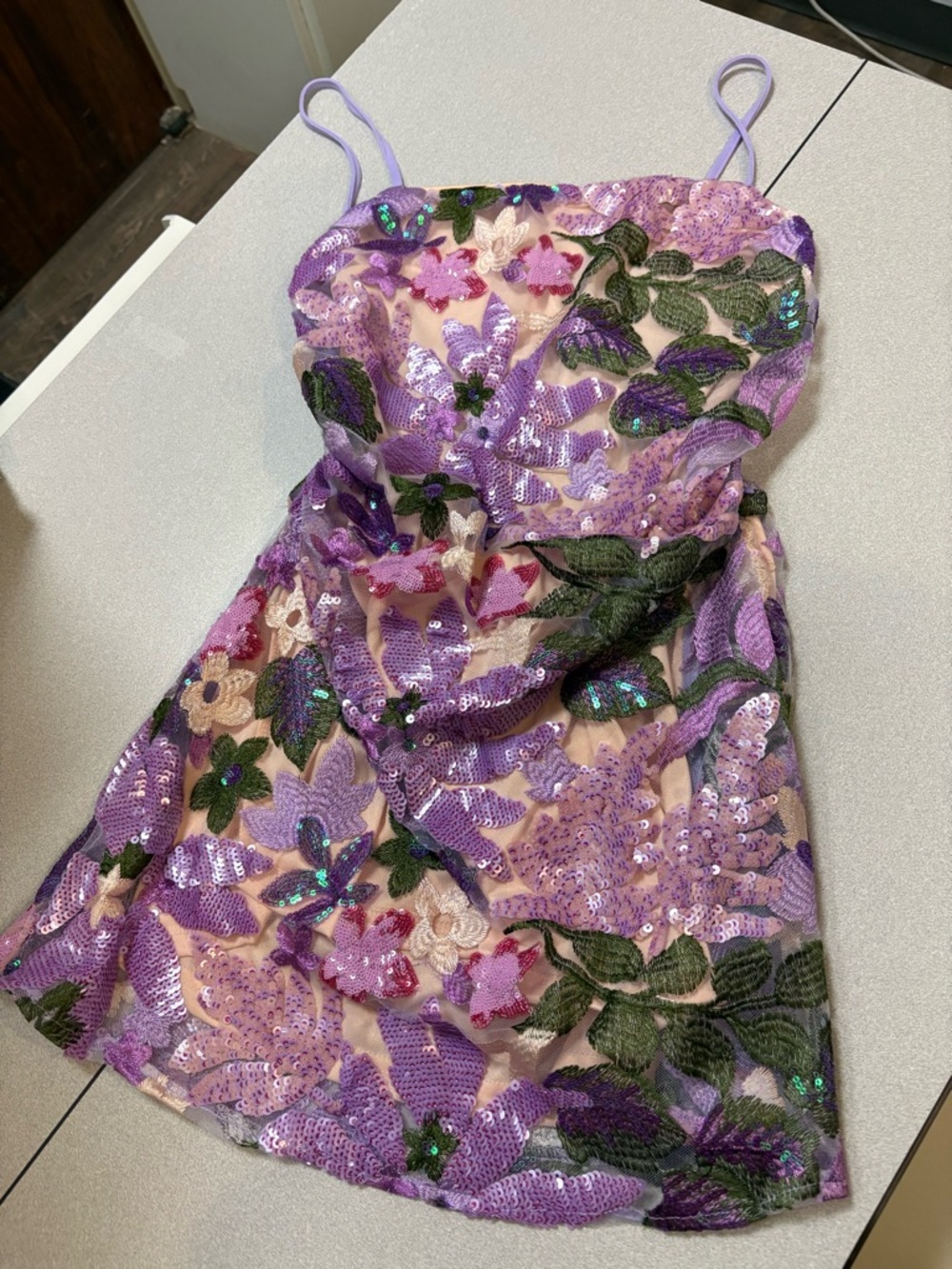 SHEIN Lavender Floral Sequin Spaghetti-Strap Mini Dress